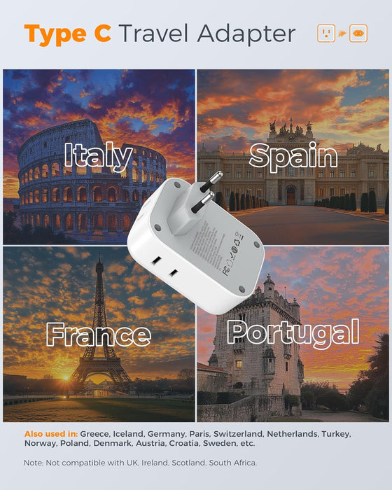 TESSAN 2 Pack European Travel Plug Adapter, Europe Power Converter 4 Outlets 3 USB(1 USB C PD 20W), Type C International Adaptor to Italy Spain France Portugal Iceland Germany, EU Travel Essentials - hover image