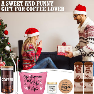 Dandat 5 Pieces Coffee Lovers Gifts Set 20 oz Iced Drink Cups with Lids and Straws Round Cork Coaster, Socks, Makeup Bag, Candle Jar Coffee Gift Basket for Men Women