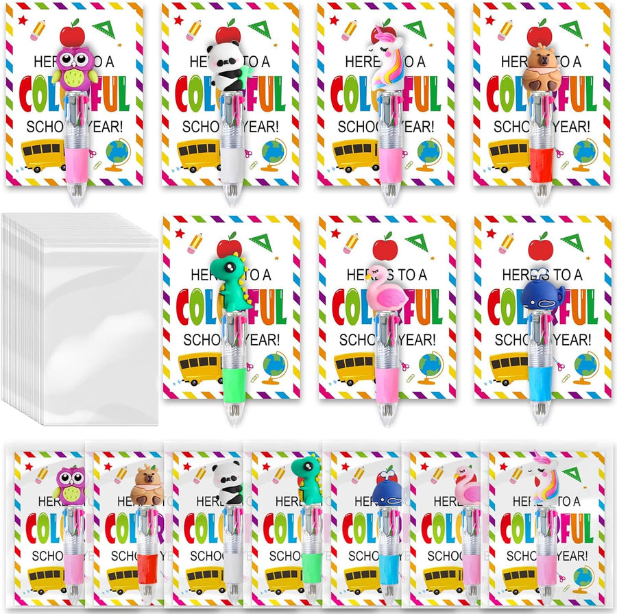 28 Set Back to School Gifts,28 Multicolor Animals 4-in-1 Fun Pens, 28 Welcome Cards and 28 Gift Bags First Day of School Gift for Welcome Back To School Student Gift Bulk Office School Exchange Gifts