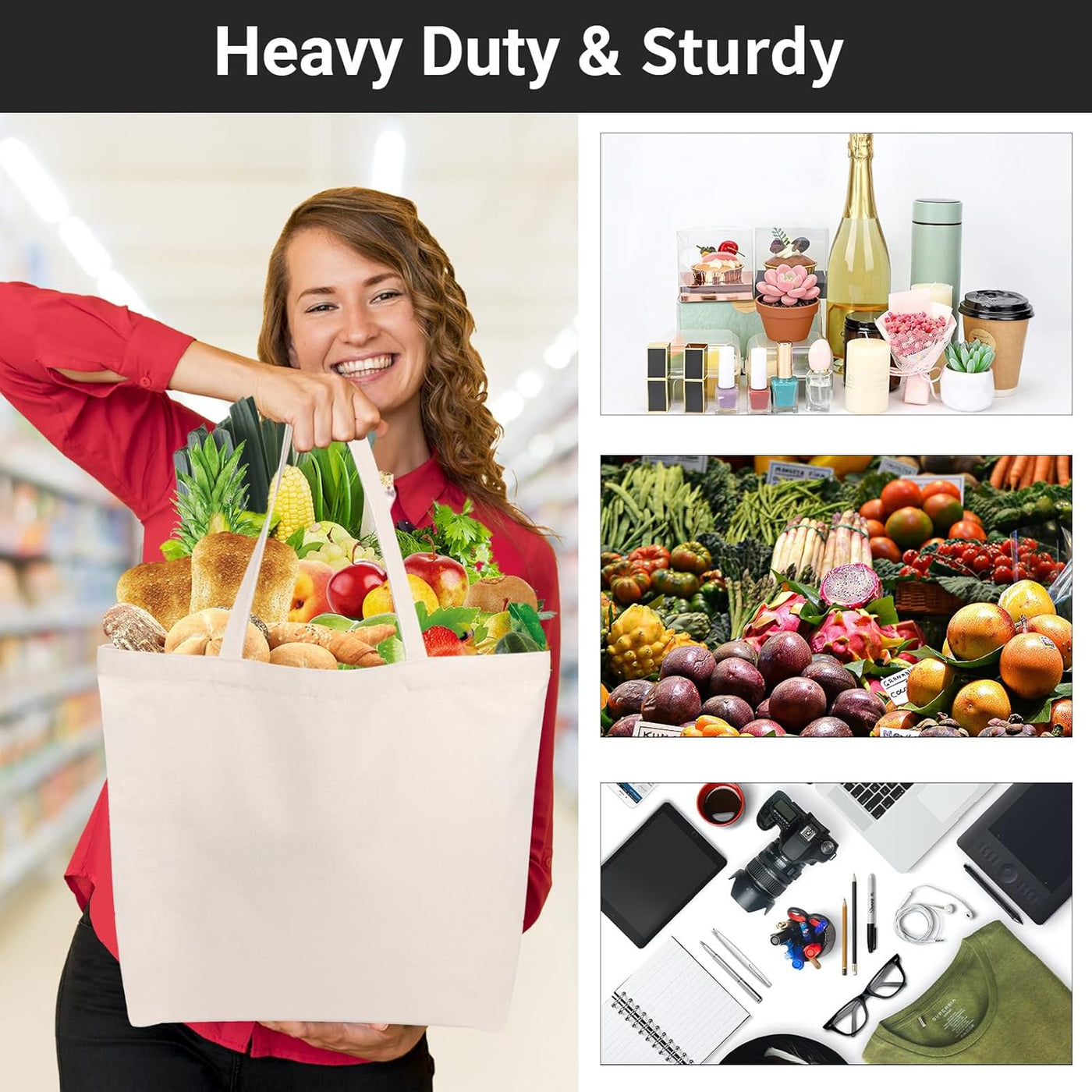 Segarty 6 Packs Canvas Tote Bag with Zipper, 16x13 inch Reusable Washable Grocery Shopping Bags with Handle Plain Canvas Totes for Women Teacher DIY Art Crafts Painting Embroidery Decoration