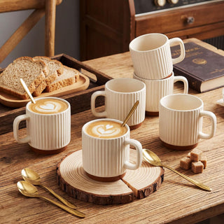 6 Set Ceramic Coffee Mugs with Gold Spoons, 8.8 oz Textured Ribbed Coffee Cups for Latte & Cappuccino, Modern Farmhouse Tea Mugs with Handle, Dishwasher & Microwave Safe(Beige)