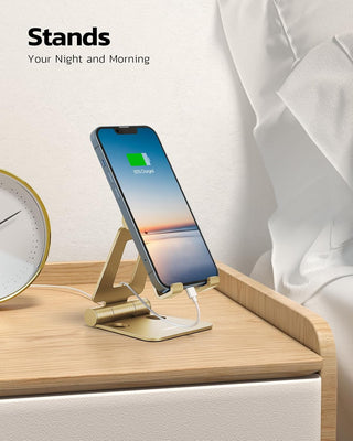 Nulaxy Dual Folding Cell Phone Stand, Fully Adjustable Foldable Desktop Phone Holder Cradle Dock Compatible with iPhone 17 16 15 14 13 12 11 Pro Xs Xs Max Xr X 8, Nintendo Switch, All Phones - Gold