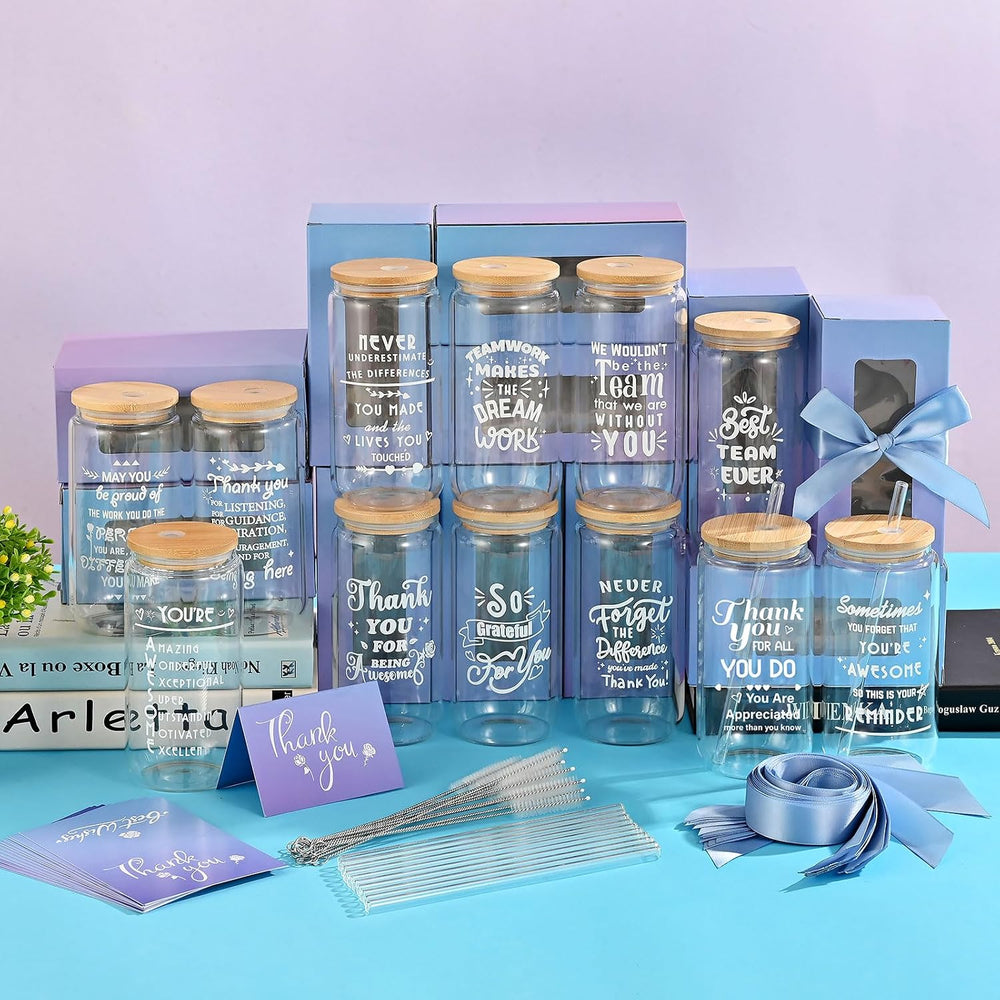 12 Set Employee Appreciation Gifts Bulk, Personalized Inspirational Thank You Gifts for Graduation Season Coworker 16 oz Can Shaped Beer Glass Cups, Gift Box & Card for Team Women Men Teacher