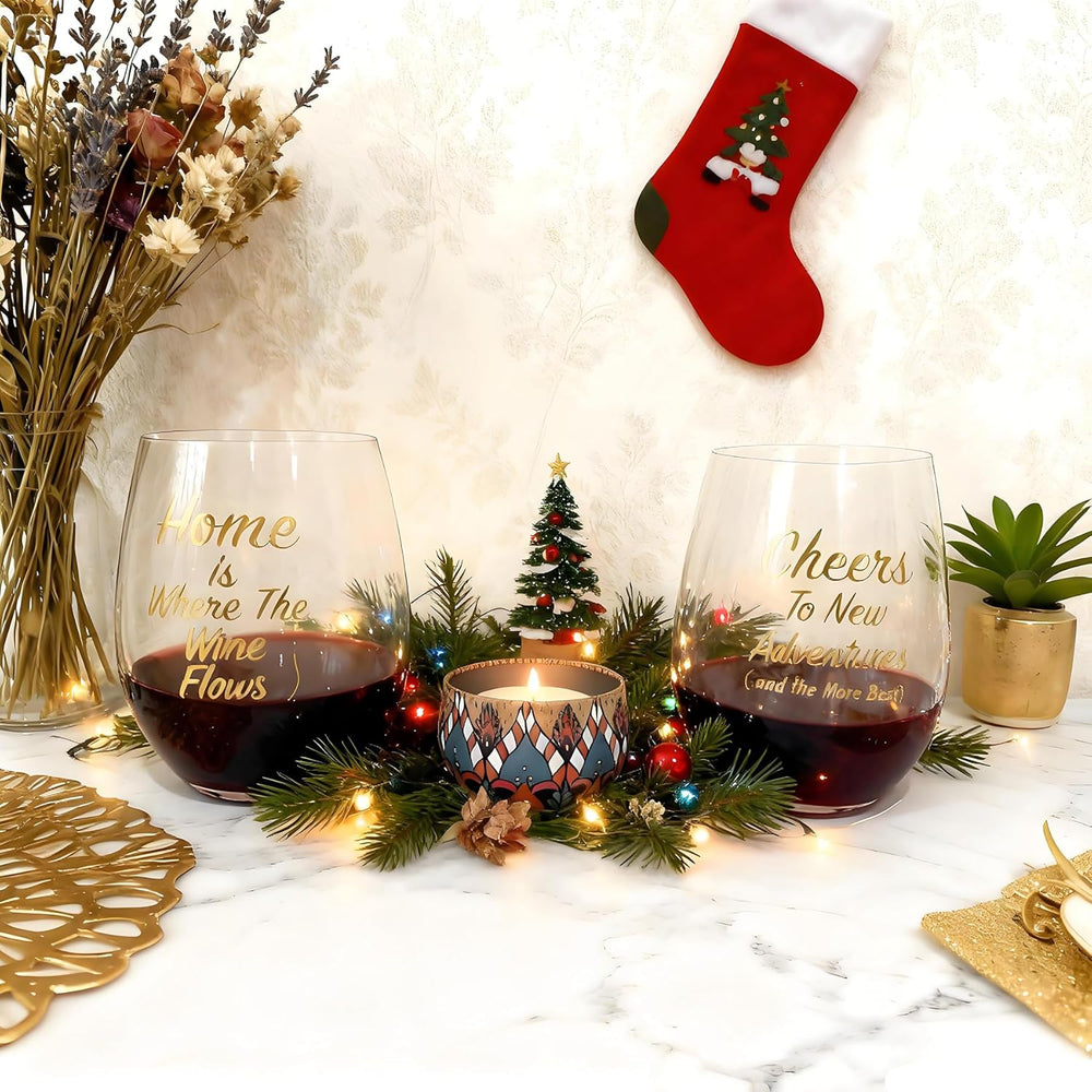 New Home Wine Glasses Set of 2 with Candle - Cheers To New Adventures & Home is Where The Wine Flows Stemless Red Wine Glass Gift Set for Homeowners, Housewarming Gift with Box