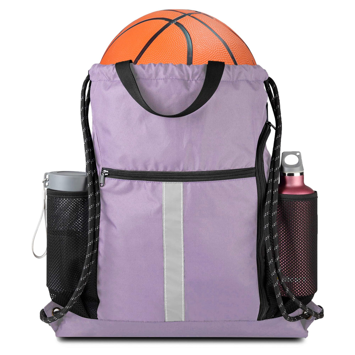 BeeGreen Black Drawstring Backpack Gym Bag For Men Women String Sports Backpack With Water Bottle Mesh Pockets And 2 Zippered Pocket Large Cinch Sackpack Workout Bag 16" x 20"