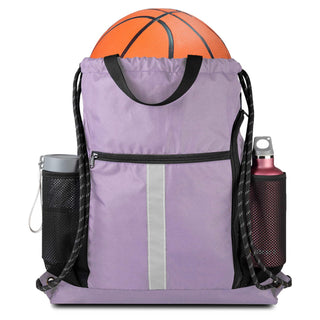 BeeGreen Black Drawstring Backpack Gym Bag For Men Women String Sports Backpack With Water Bottle Mesh Pockets And 2 Zippered Pocket Large Cinch Sackpack Workout Bag 16" x 20"