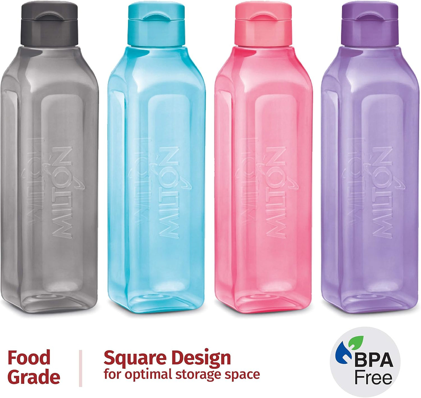 MILTON Sports Water Bottle Square Juice Box 4 Set 17 oz. Great for Juices Milk Smoothies Plastic Wide-Mouth Reusable Leak Proof Drink Bottle/Carton for School Bags Lunch Boxes Gym Flip Lid -BPA Free