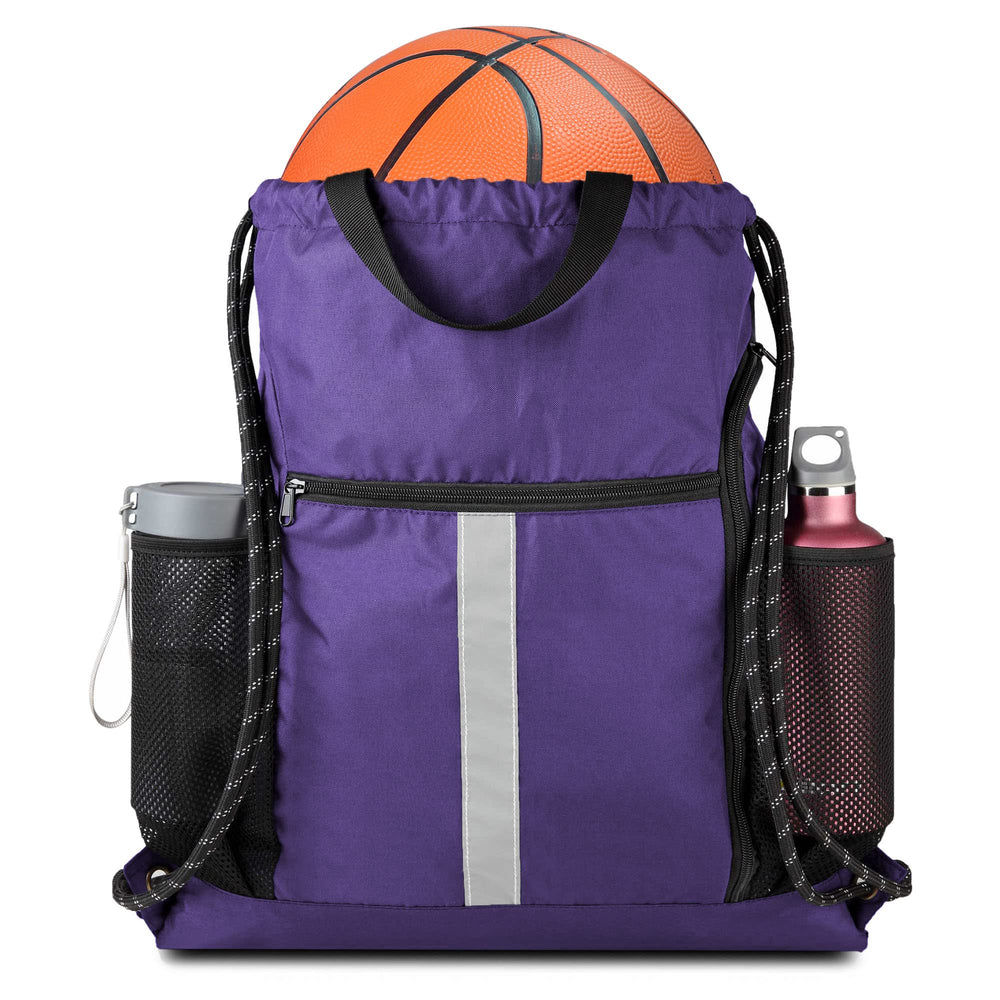 BeeGreen Black Drawstring Backpack Gym Bag For Men Women String Sports Backpack With Water Bottle Mesh Pockets And 2 Zippered Pocket Large Cinch Sackpack Workout Bag 16" x 20"