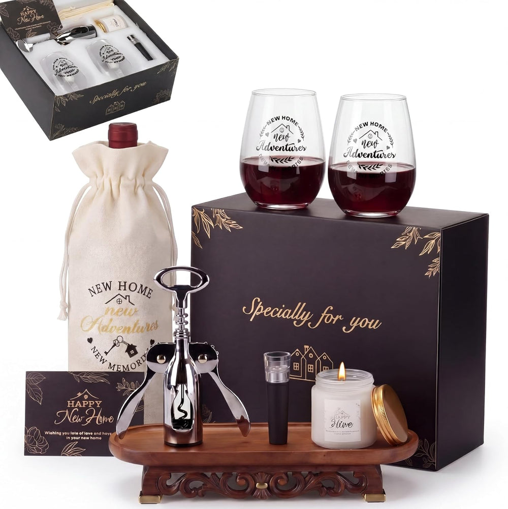 House Warming Gifts New Home - Housewarming Gift Baskets Wine Glasses Candle Bottle Bag Wine Opener and Stopper Card Home Buyer Closing Gift for Women Men Couple New House Apartment Presents