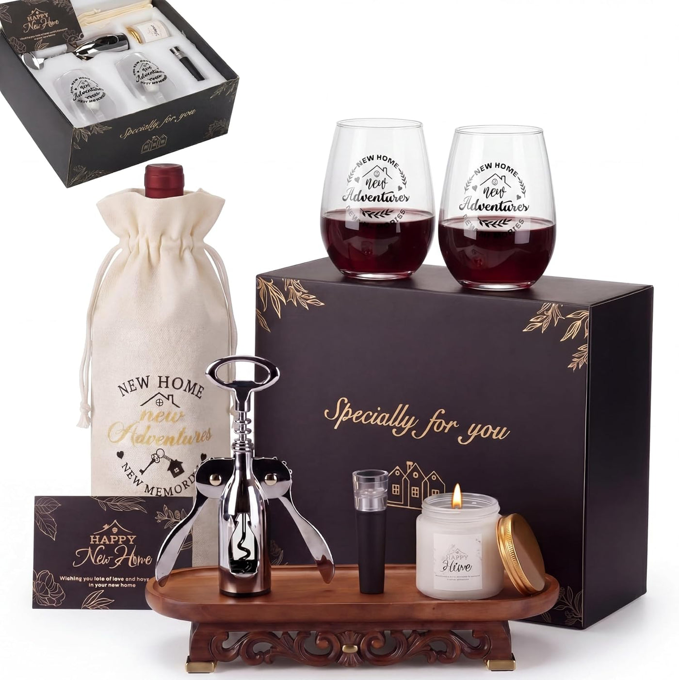 House Warming Gifts New Home - Housewarming Gift Baskets Wine Glasses Candle Bottle Bag Wine Opener and Stopper Card Home Buyer Closing Gift for Women Men Couple New House Apartment Presents