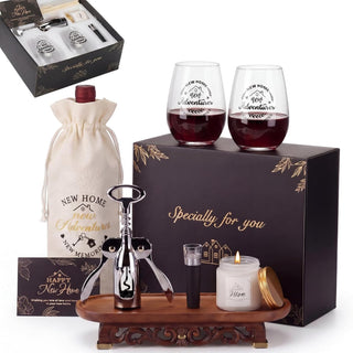 House Warming Gifts New Home - Housewarming Gift Baskets Wine Glasses Candle Bottle Bag Wine Opener and Stopper Card Home Buyer Closing Gift for Women Men Couple New House Apartment Presents