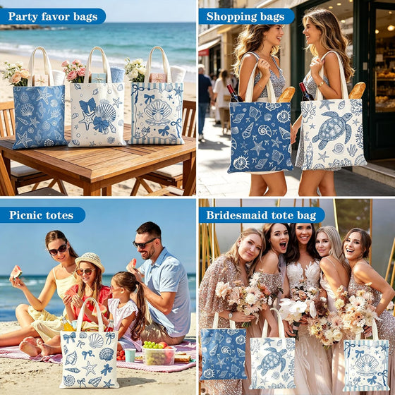 IANFEPH 6Pcs Coastal Canvas Tote Bags, Blue Bow Seashell Reusable Grocery Bag for Women Summer Beach Bag Gift for Bridal Shower Bachelorette Nautical Birthday Party Favors, 15.7 x 13.8 Inch - hover image