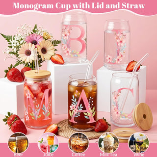 Personalized Initial Glass Cup Gift Set for Women, Custom Monogram Cup with Lid and Straw, Matching Keychain & Card, Bridesmaid or Birthday Gift for Women Friend Sister (Letter S)