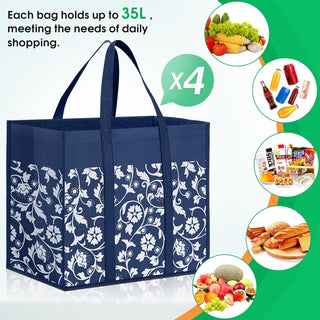 WOWBOX Reusable Grocery Bags Foldable Tote Bags Bulk with Reinforced Handles Shopping Bags for Groceries Heavy Duty Kitchen Reusable Grocery Bags with Waterproof Coating 4-Pack, Blue