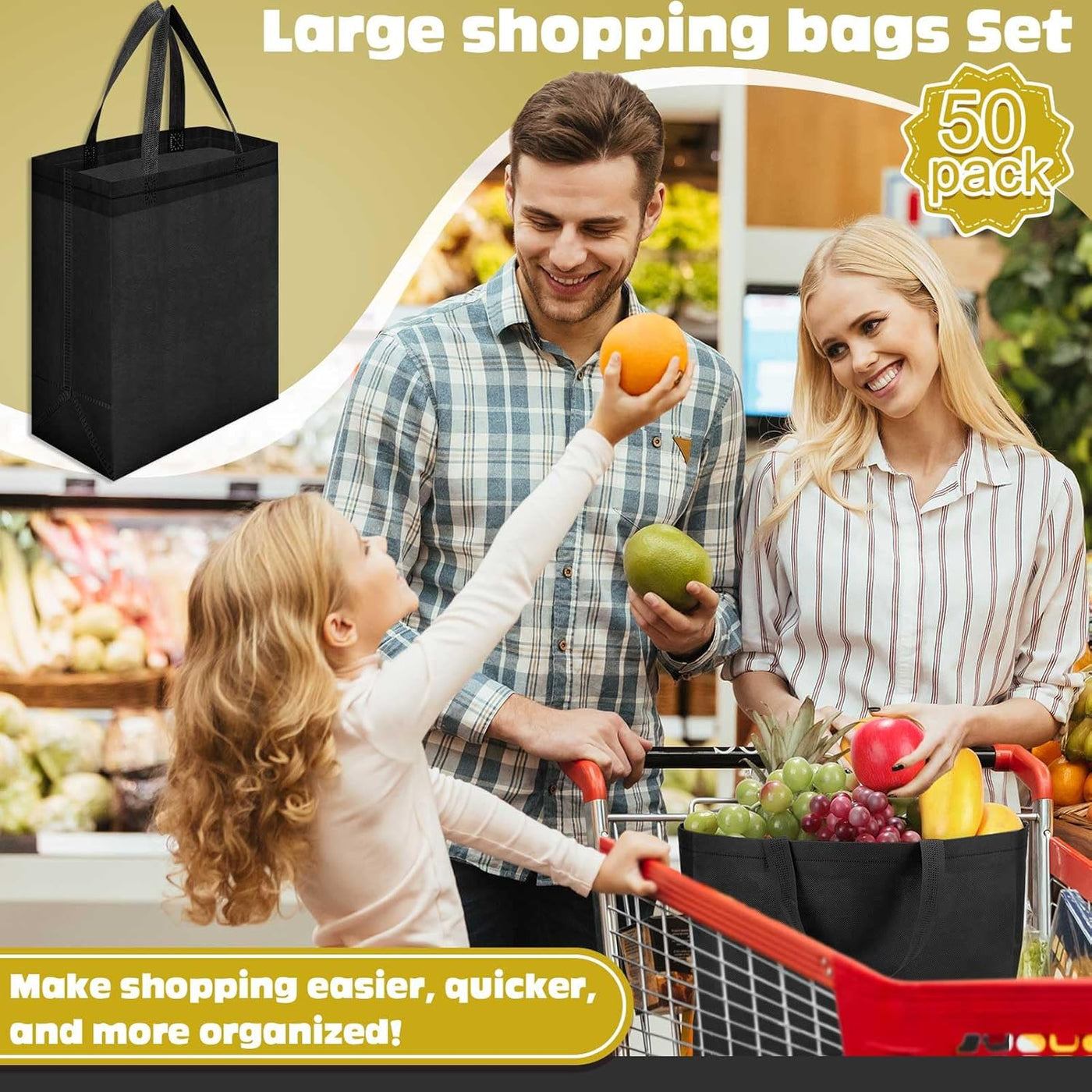 Windyun 50 Pcs Reusable Tote Bag Bulk 8 x 4 x 10 Inch Non Woven Shopping Bag with Handle Reusable Portable Grocery Gift Tote (Black)