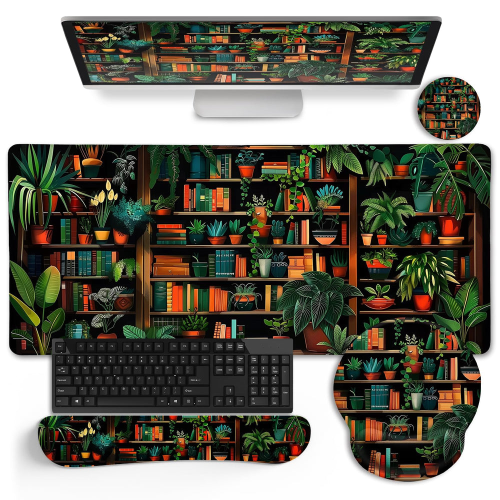LIMKRIAN Desk Mat Set, Large Gaming Mouse Pad with Wrist Rest, Ergonomic Mouse Pad Keyboard Mat Wrist Support, Cup Coaster, Home Office Desk Accessories Decor Supplies, Funny Black Cat