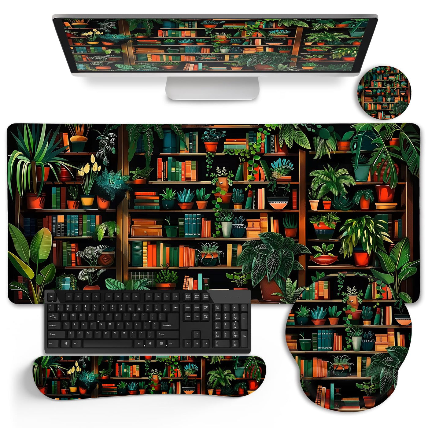 LIMKRIAN Desk Mat Set, Large Gaming Mouse Pad with Wrist Rest, Ergonomic Mouse Pad Keyboard Mat Wrist Support, Cup Coaster, Home Office Desk Accessories Decor Supplies, Funny Black Cat