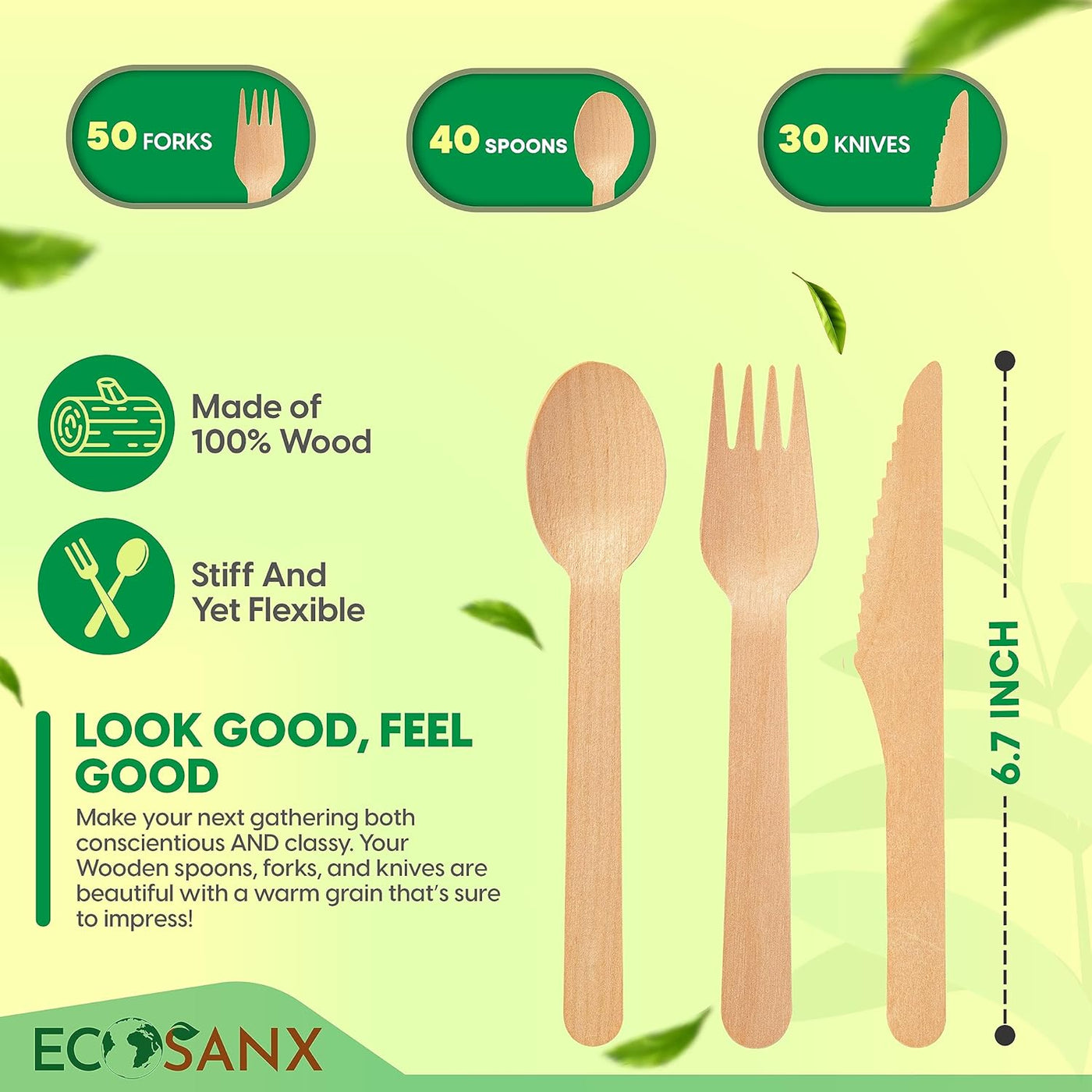 ECOSANX® 120 PCs Disposable Wooden Cutlery set 6.3" Splinter Free Compostable Utensils for party, Eco-Friendly, 100% All-Natural Bamboo Utensils set for picnic, Bamboo cutlery set for Events & More