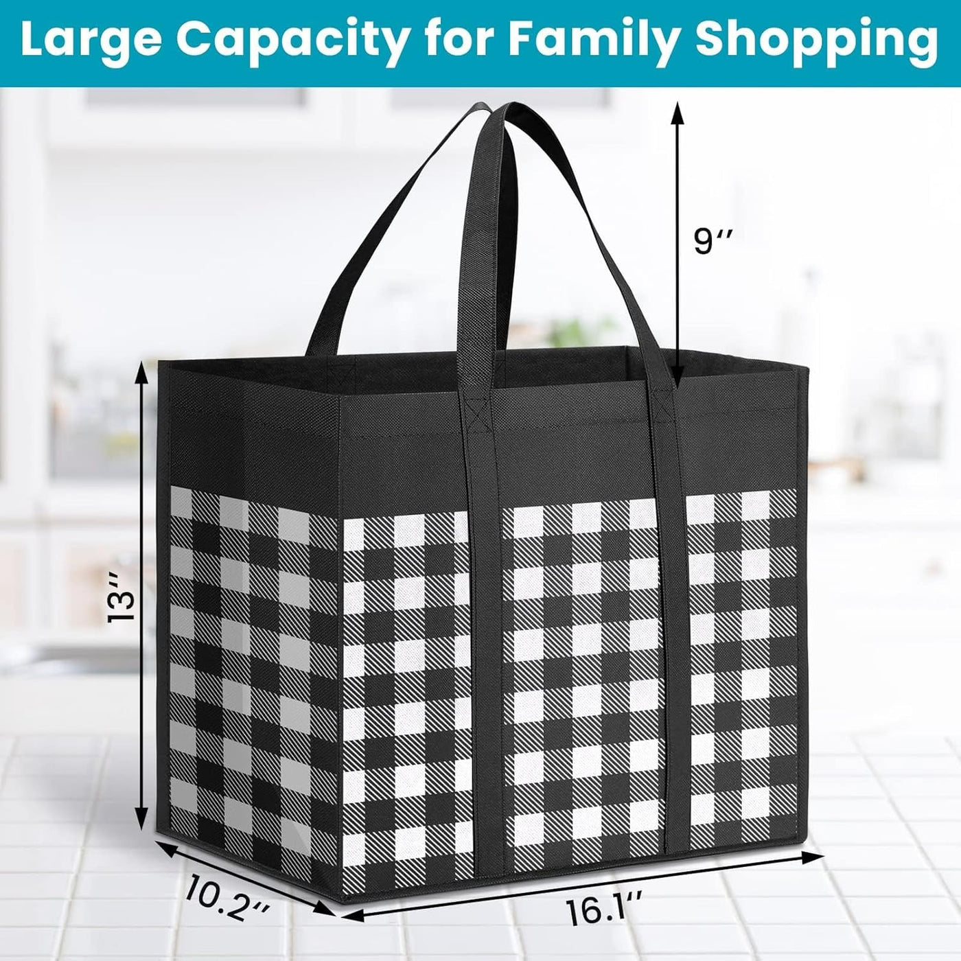 WOWBOX Reusable Grocery Bags,4-Pack, Foldable Reusable Shopping Tote Bags bulk with Reinforced Handles,Large Storage Bags with Water Resistant Coating for Groceries,Multipurpose,Black-White