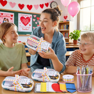 Landhoow 6 Sets/75 Pcs Backto School Teacher Gifts Bulk Set Clear Hard Case Zipper Pouch Pastel Ballpoint Pens & Sticky Notes Blue and Yellow Raffia Adorable Printed Pencil Ribbons with Thank You Card