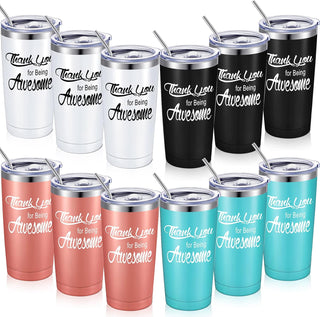 Suclain 12 Sets Thank You Gifts Graduation Appreciation Tumbler 20oz Thank U for Being Awesome Stainless Steel Cup Bulk with Lid Straw for Teacher Friend Classmate (Light Blue,Rose Gold,Black,White)