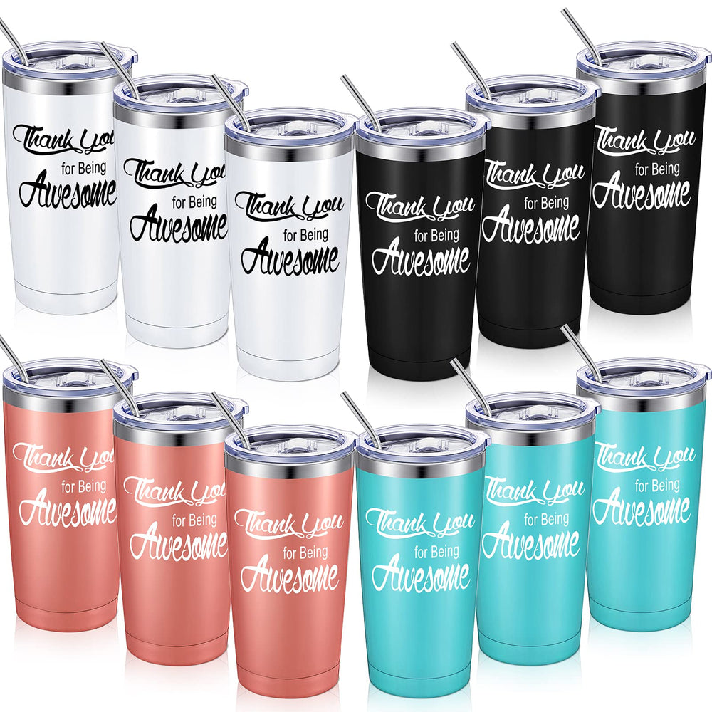 Suclain 12 Sets Thank You Gifts Graduation Appreciation Tumbler 20oz Thank U for Being Awesome Stainless Steel Cup Bulk with Lid Straw for Teacher Friend Classmate (Light Blue,Rose Gold,Black,White)