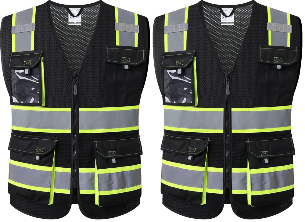 JKSafety Hi Vis Reflective Safety Vests for Men Women High Visibility Vest with Pockets Mesh Fabric Construction Safety Apparel Neon Vest for Work (220-Black L)