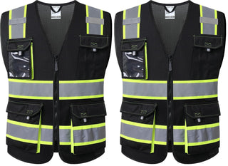 JKSafety Hi Vis Reflective Safety Vests for Men Women High Visibility Vest with Pockets Mesh Fabric Construction Safety Apparel Neon Vest for Work (220-Black L)