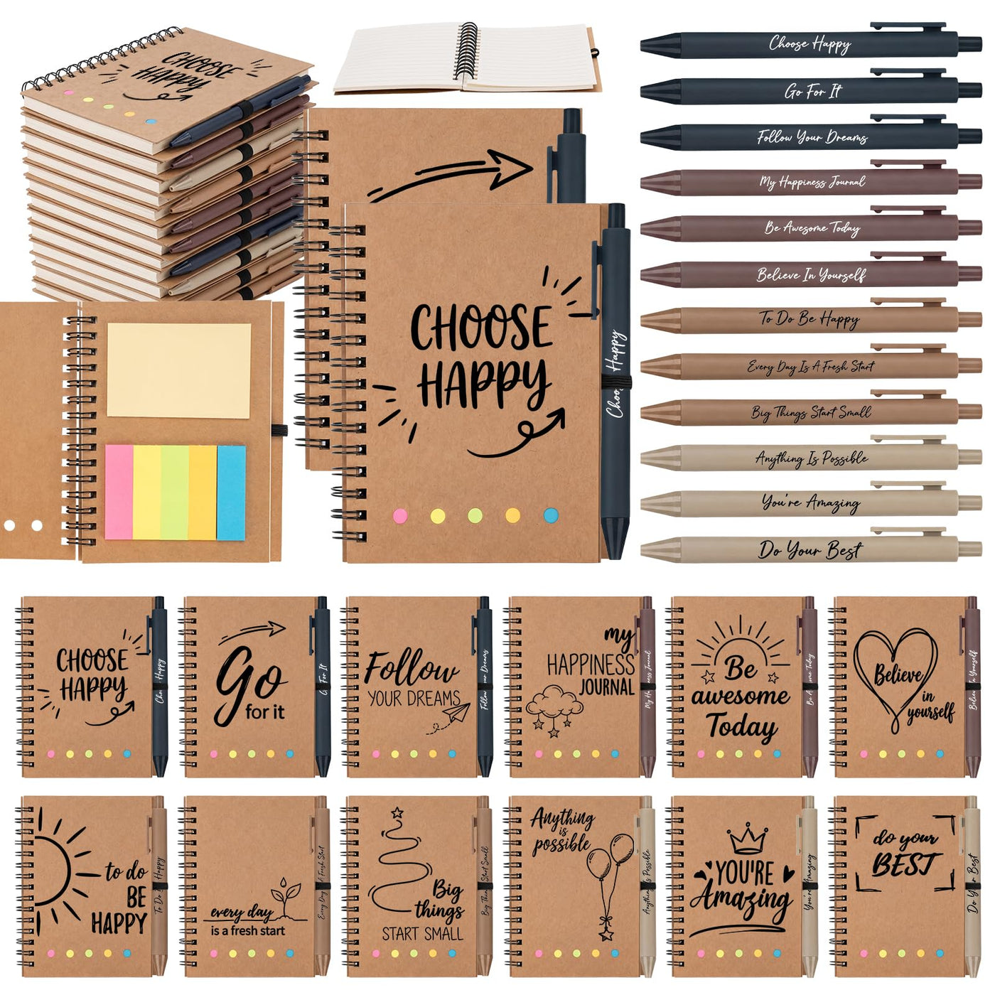 48 Pcs Motivational Gifts Bulk, Colorful Inspirational Notebooks with Matching Pens & Sticky Notes, Back to School Journals for Kids, Classrooms, Teachers, Team Building (5.5 x 4.7 Inch)