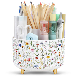 SKYDUE 360 Rotating Plastic Desk Pen Organizer with 5 Slots, Dual-Purpose Art Supply Pencil Cup for Office, School, Home