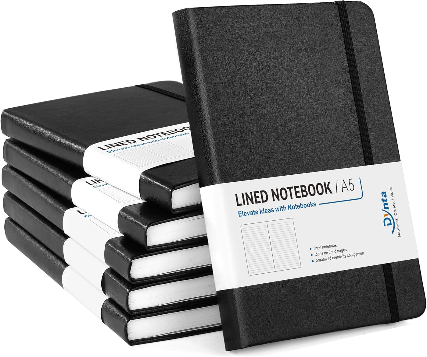 Dynta A5 Lined Journal 6 Pack - Black PU Leather Hardcover Notebook, 100gsm Thick Paper, 200 Pages (100 Sheets), Office Work Business Notebook with Table of Contents & Back Pocket for Meetings & Teams