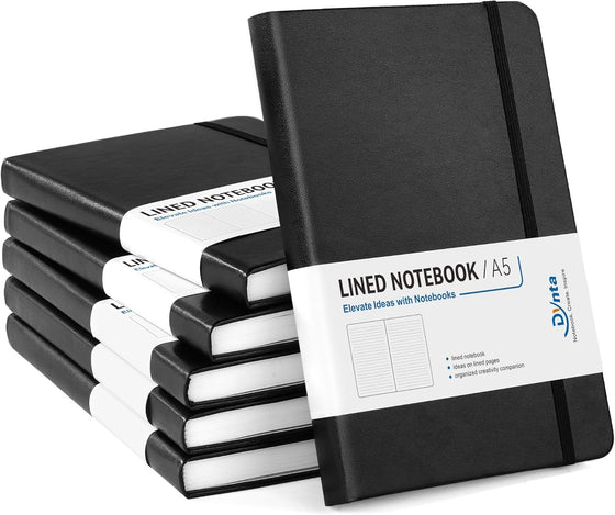 Dynta A5 Lined Journal 6 Pack - Black PU Leather Hardcover Notebook, 100gsm Thick Paper, 200 Pages (100 Sheets), Office Work Business Notebook with Table of Contents & Back Pocket for Meetings & Teams