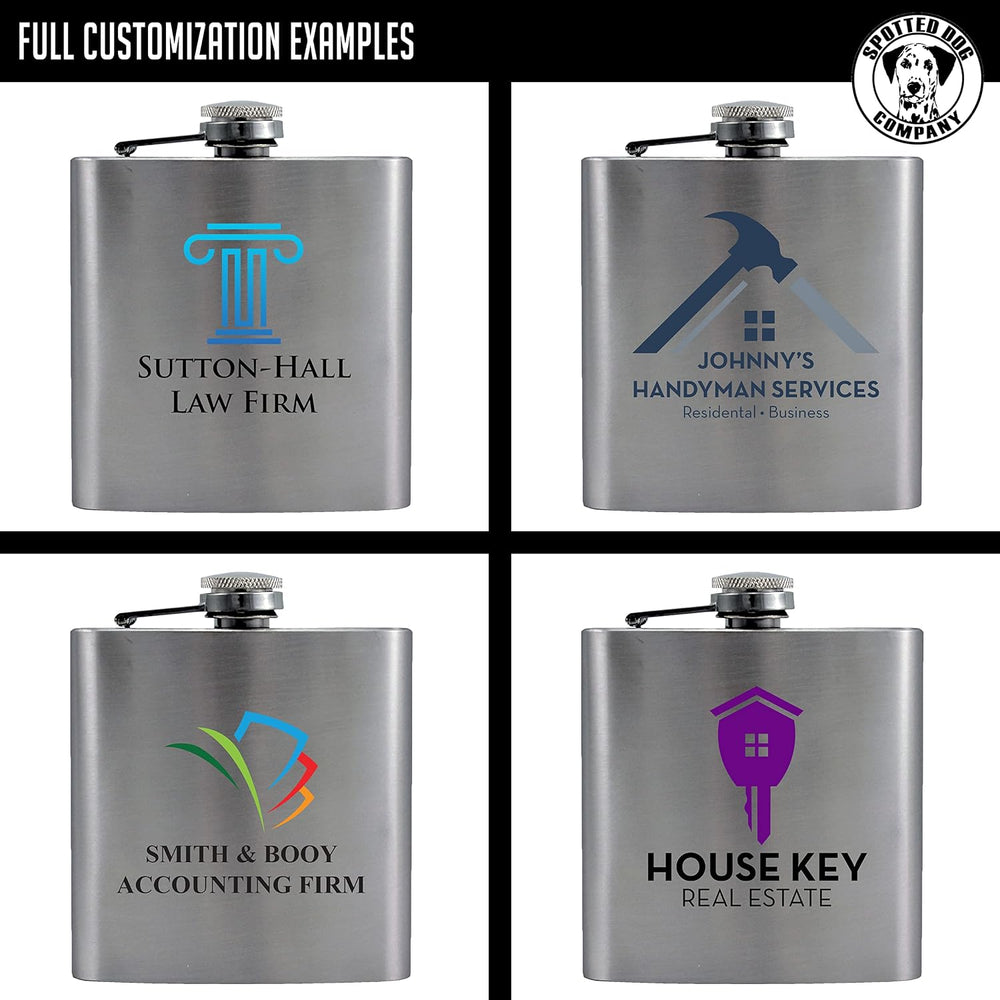 Personalized Printed 6oz Stainless Steel Flask with Screw Down Cap - Custom Promotional Items with your Logo - Bulk Company Small Business Party Favors