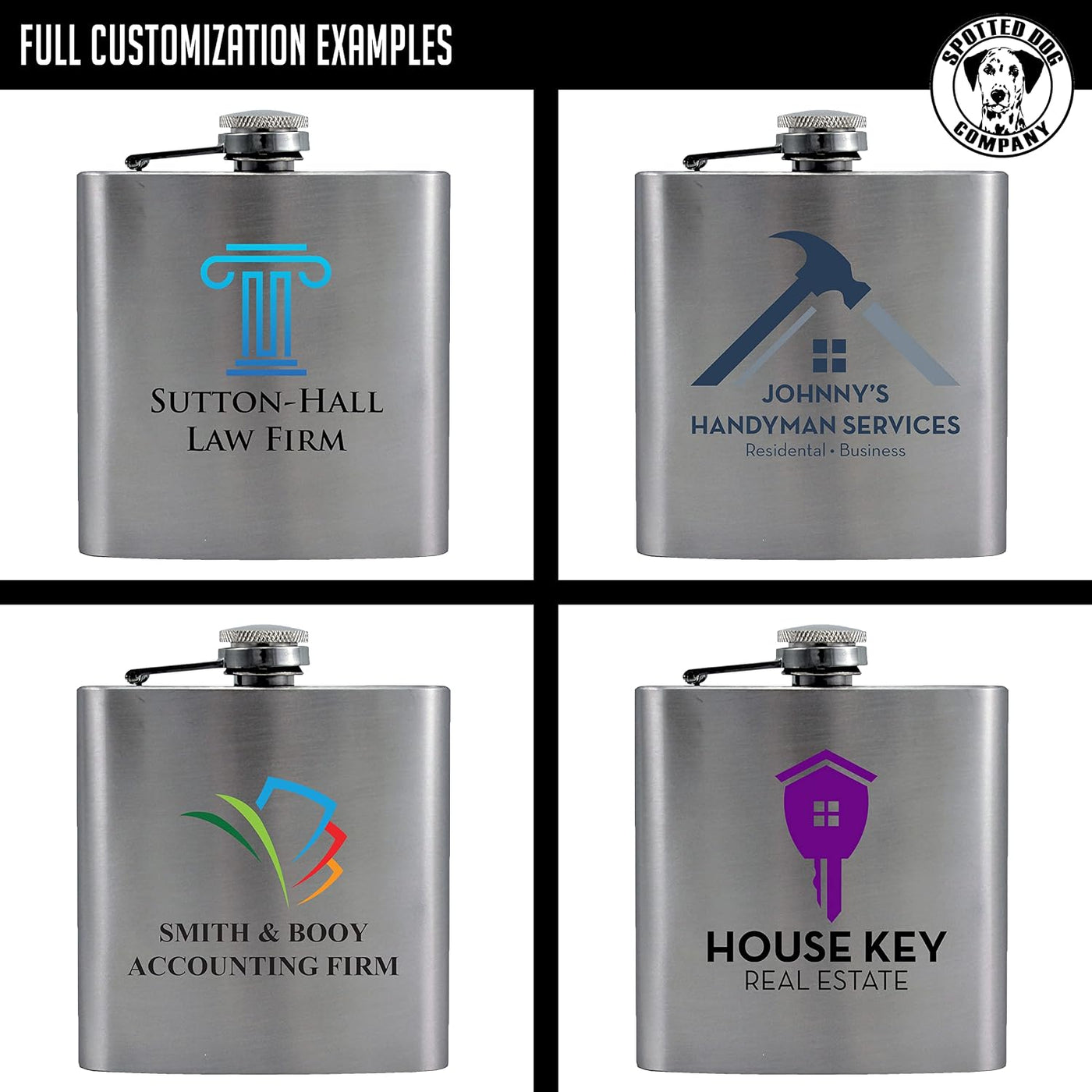 Personalized Printed 6oz Stainless Steel Flask with Screw Down Cap - Custom Promotional Items with your Logo - Bulk Company Small Business Party Favors