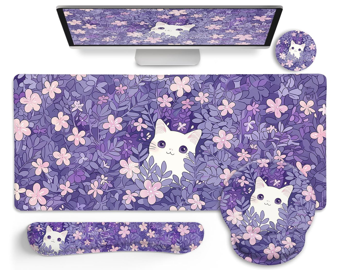 LIMKRIAN Desk Mat Set, Large Gaming Mouse Pad with Wrist Rest, Ergonomic Mouse Pad Keyboard Mat Wrist Support, Cup Coaster, Home Office Desk Accessories Decor Supplies, Funny Black Cat