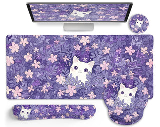 LIMKRIAN Desk Mat Set, Large Gaming Mouse Pad with Wrist Rest, Ergonomic Mouse Pad Keyboard Mat Wrist Support, Cup Coaster, Home Office Desk Accessories Decor Supplies, Funny Black Cat