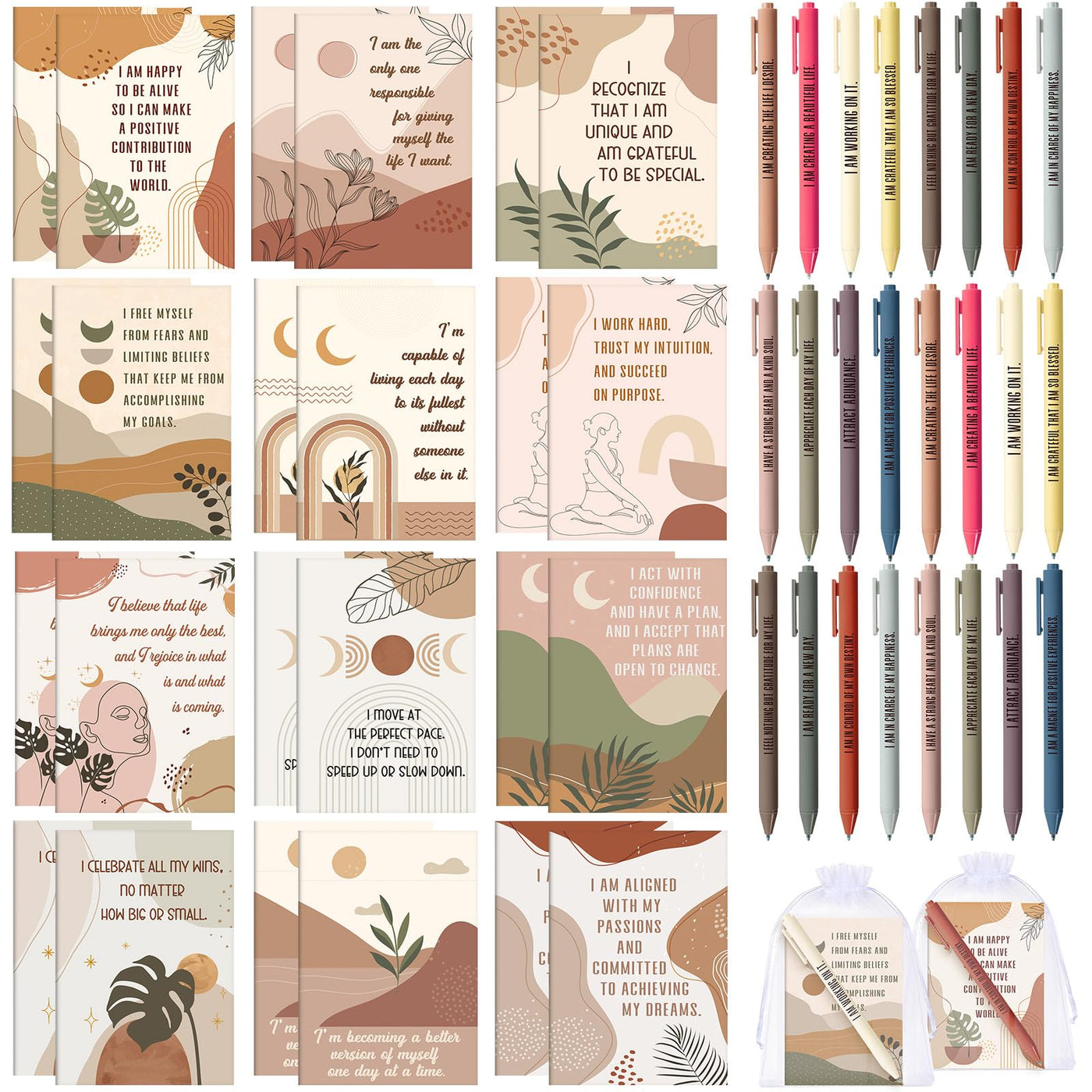 Mooliwe 24 Pcs Positive Affirmation Gift Set Gratitude Notebooks with Pens Small Bags Motivational Encouragement Notepads Daily Affirmations Journal for Women Stress Relief Self Care (Watercolor)