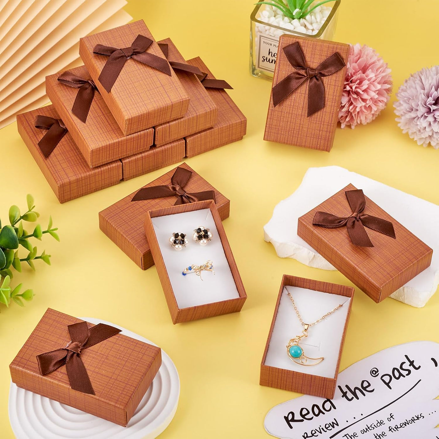 Craftdady 12 pcs Jewelry Gift Box Set Empty Packaging Cases with Bowknot Rectangle Cardboard Paper Jewelry Boxes with Lid for Necklaces Rings Earrings Pendants Displaying (BurlyWood)