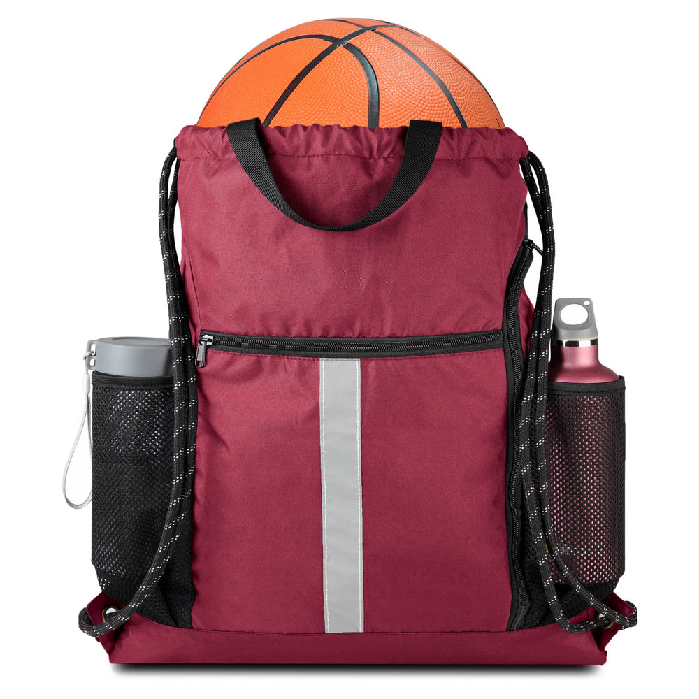 BeeGreen Black Drawstring Backpack Gym Bag For Men Women String Sports Backpack With Water Bottle Mesh Pockets And 2 Zippered Pocket Large Cinch Sackpack Workout Bag 16" x 20"