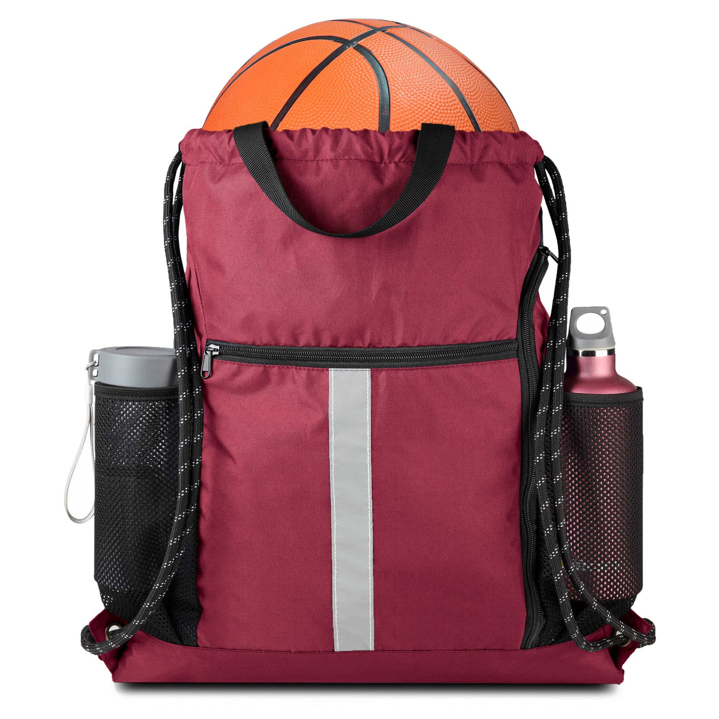 BeeGreen Black Drawstring Backpack Gym Bag For Men Women String Sports Backpack With Water Bottle Mesh Pockets And 2 Zippered Pocket Large Cinch Sackpack Workout Bag 16" x 20"