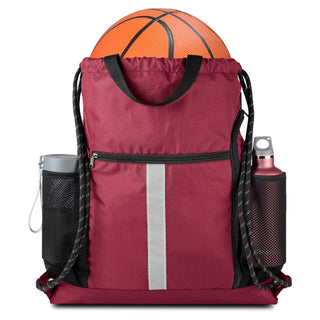 BeeGreen Black Drawstring Backpack Gym Bag For Men Women String Sports Backpack With Water Bottle Mesh Pockets And 2 Zippered Pocket Large Cinch Sackpack Workout Bag 16" x 20"