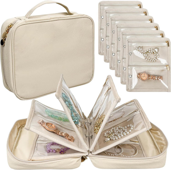 Travel Jewelry Organizer Case,Jewelry Bags for Traveling, Jewelry Binder with 24 Pcs Clear Zipper Velvet Pouches for Storing Earrings, Rings, Necklace, Bracelet, Watch (Beige)