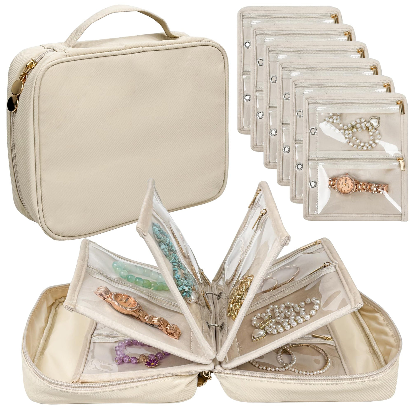 Travel Jewelry Organizer Case,Jewelry Bags for Traveling, Jewelry Binder with 24 Pcs Clear Zipper Velvet Pouches for Storing Earrings, Rings, Necklace, Bracelet, Watch (Beige)