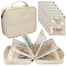 Travel Jewelry Organizer Case,Jewelry Bags for Traveling, Jewelry Binder with 24 Pcs Clear Zipper Velvet Pouches for Storing Earrings, Rings, Necklace, Bracelet, Watch (Beige)