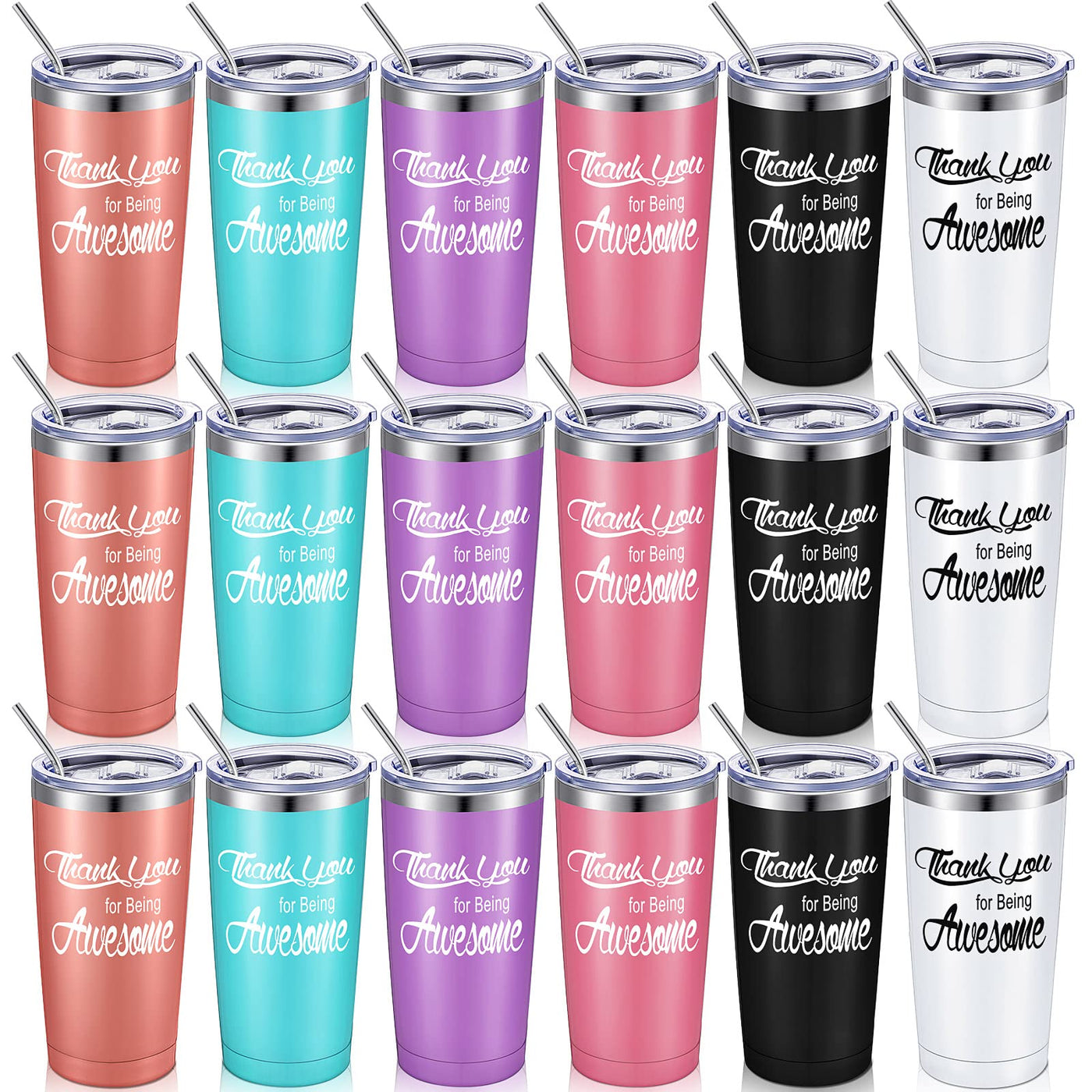Suclain 12 Sets Thank You Gifts Graduation Appreciation Tumbler 20oz Thank U for Being Awesome Stainless Steel Cup Bulk with Lid Straw for Teacher Friend Classmate (Light Blue,Rose Gold,Black,White)