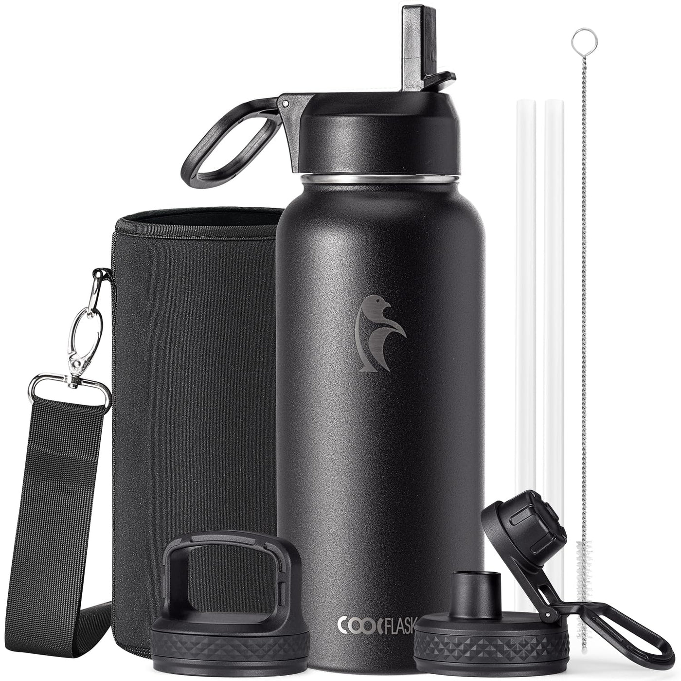 Water Bottle 40 oz Insulated with Straw&Brush, Coolflask Vaccum Stainless Steel Metal 3 Lids Water Flask for Sports, Gym or Office, Keep Cold 48H Hot 24H, Magic Black