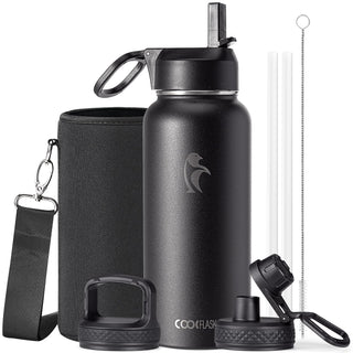 Water Bottle 40 oz Insulated with Straw&Brush, Coolflask Vaccum Stainless Steel Metal 3 Lids Water Flask for Sports, Gym or Office, Keep Cold 48H Hot 24H, Magic Black