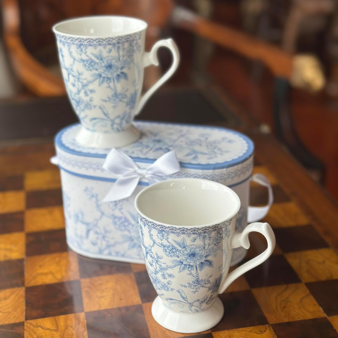 STP GOODS Blue Flowers Bone China Tea/Coffee Mug Set of 2 in Gift Box