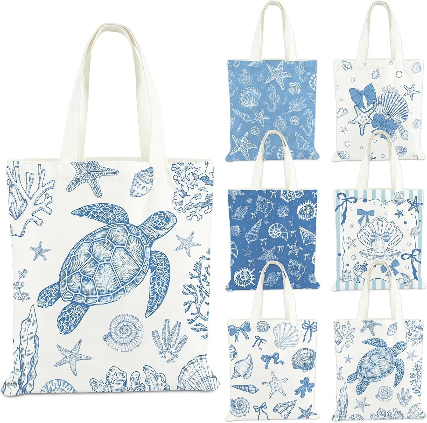 IANFEPH 6Pcs Coastal Canvas Tote Bags, Blue Bow Seashell Reusable Grocery Bag for Women Summer Beach Bag Gift for Bridal Shower Bachelorette Nautical Birthday Party Favors, 15.7 x 13.8 Inch