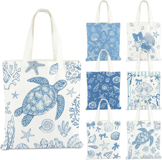 IANFEPH 6Pcs Coastal Canvas Tote Bags, Blue Bow Seashell Reusable Grocery Bag for Women Summer Beach Bag Gift for Bridal Shower Bachelorette Nautical Birthday Party Favors, 15.7 x 13.8 Inch